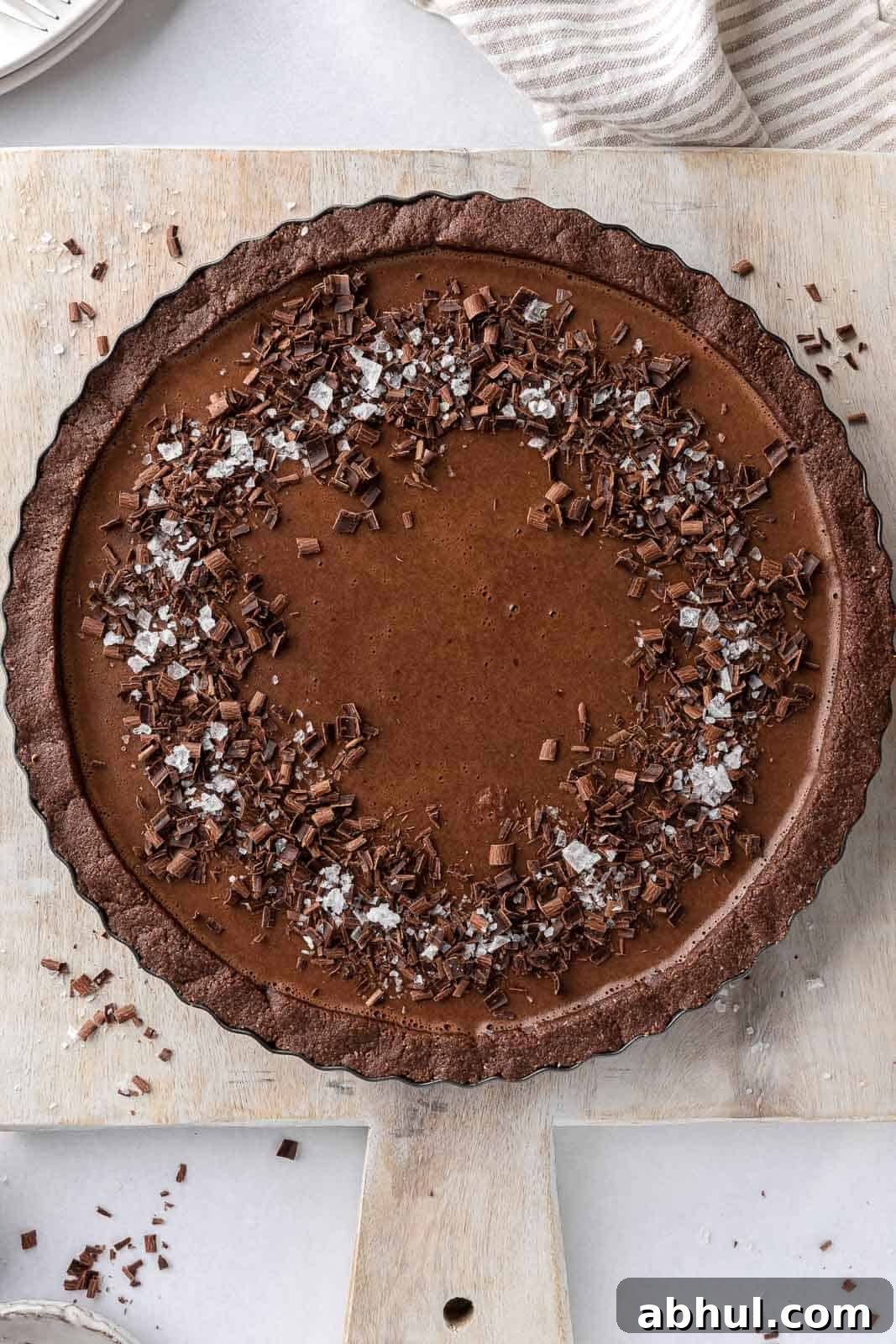 The best vegan pie topped with chocolate shavings and sea salt.