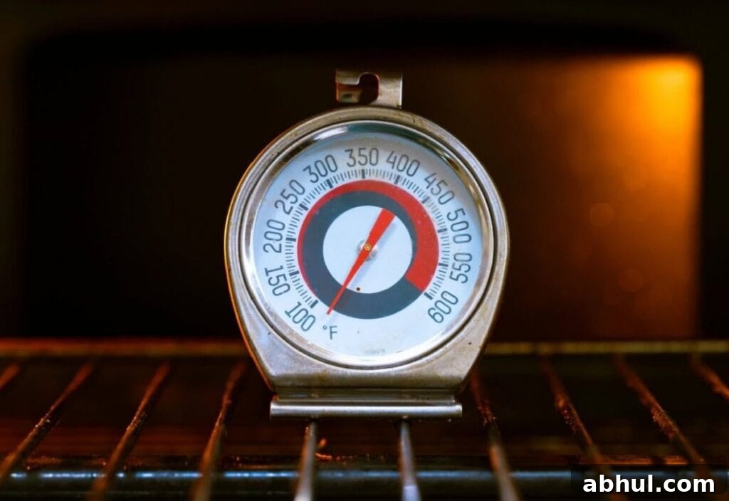 A metal oven thermometer on an oven rack shows a temperature reading of about 375°F, with the oven interior illuminated in the background.