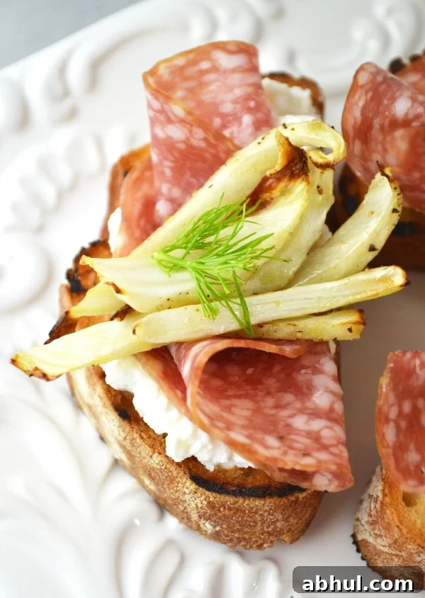 Roasted fennel, salami and ricotta crostini