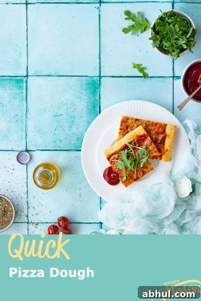 2 sliced of pizza on a white plate. A text overlay says 'quick pizza dough recipe'