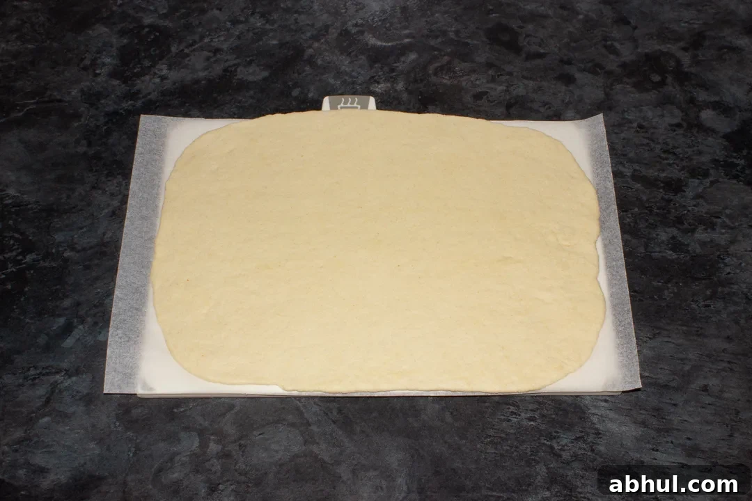 Rolled out pizza dough on baking paper