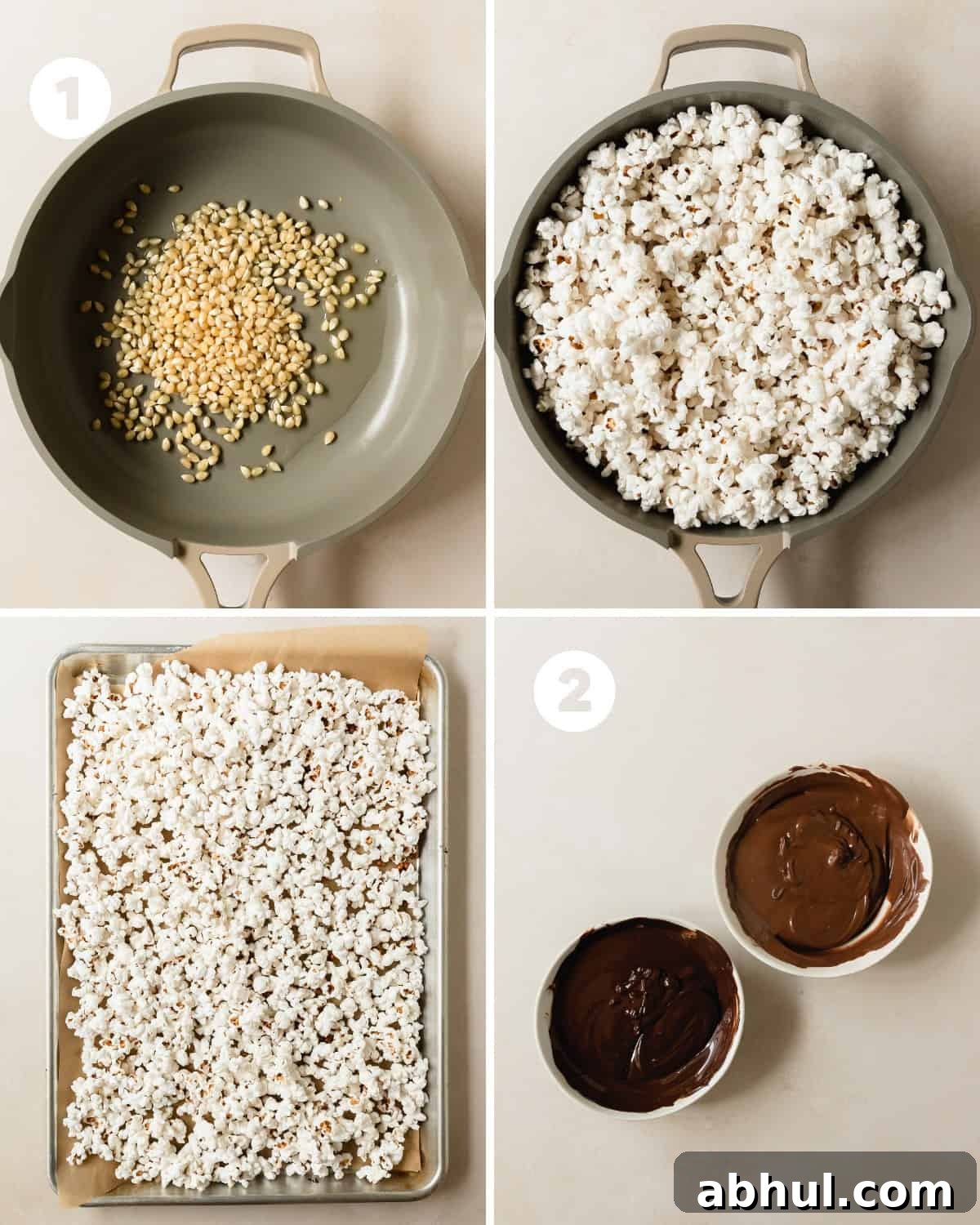 Line a sheet pan with parchment paper and set aside for now. In a large pot or large, deep pan, heat up 2 tablespoons (30 ml) oil over medium - medium high heat. Add 1 few kernels to the pot, cover with a lid. Once the “test kernels” have popped, the oil has heated enough to pop the remaining popcorn kernels. Add the ½ cup popcorn kernels to the oil. Gently move the pan back and forth (or stir) to ensure all the popcorn is covered with oil. Top the pan with a lid and wait for the popcorn to start popping. Make sure to gently move the pan back and forth every 30 seconds or so to ensure the popcorn kernels pop evenly. Most of the kernels will pop all at once over a minute or two. Once the popping has slowed down, remove the pan from the heat. Remove the lid from the pan and transfer the popped popcorn to the prepared baking sheet. For microwave popcorn, simply pop the popcorn according to the package directions. Do not add any butter or other flavorings. Transfer the popped popcorn to a prepared baking sheet. 
Pour the dark, milk or white chocolate and coconut oil (if using) into a large microwave safe bowl. Heat in 20 second increments in the microwave until the chocolate is fully melted. Stir the chocolate in between each increment. 