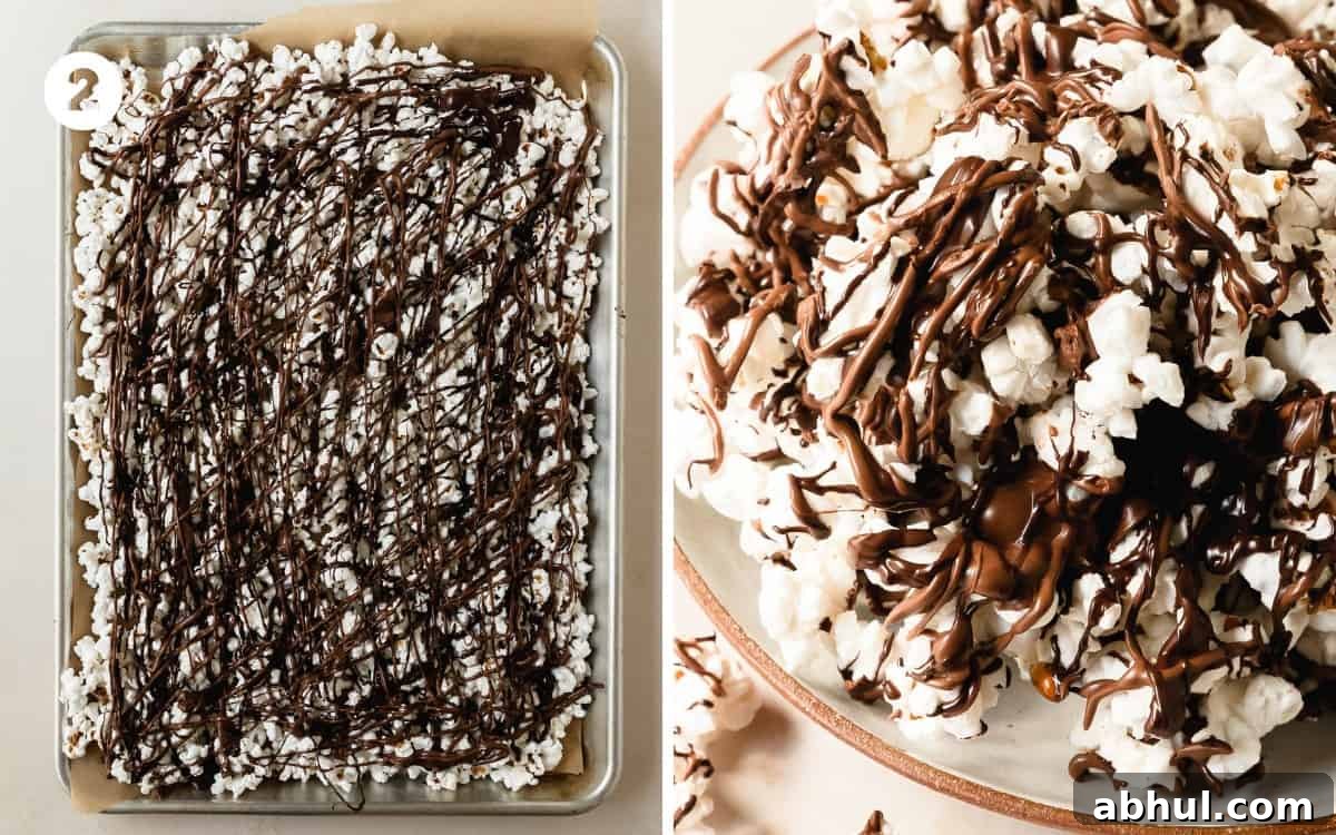 Using a spoon or piping bag, drizzle the chocolate on top of the prepared popcorn. If you want to add some toppings such as mini candies or nuts, top with your preferred toppings while the chocolate is still wet. As a final touch, sprinkle some flaky salt on top. Allow the chocolate to set at room temperature for about 30 minutes. If you prefer the chocolate to set faster, transfer the pan to the fridge. 
