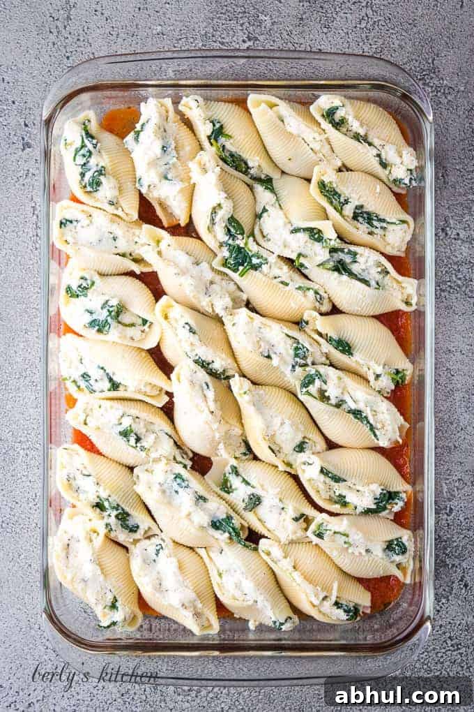 The shells have been stuffed and placed into a baking dish.