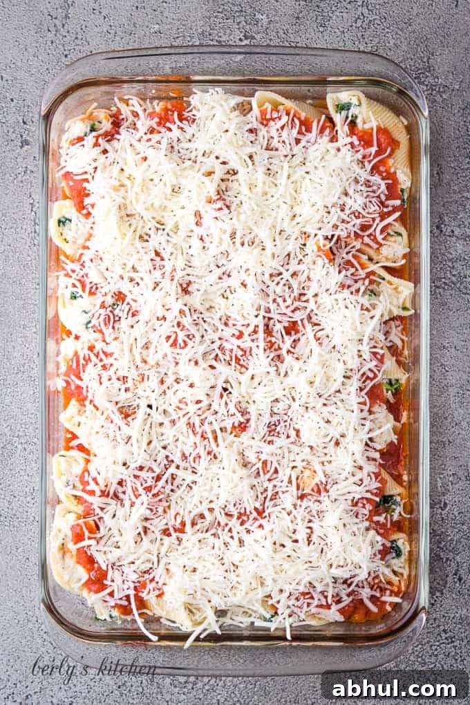 Marinara sauce and mozzarella placed over the stuffed pasta shells.