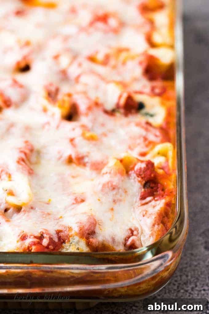 The pasta dish has baked and is ready to serve.