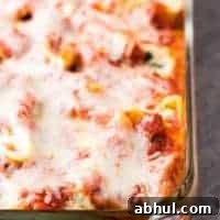 The pasta dish has baked and is ready to serve.