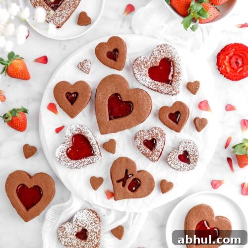 Chocolate-Strawberry Linzer Cookie Recipe for Perfect Sandwich Cookies 28 flat lay of chocolate linzer cookies with strawberry filling, fresh strawberries, red flowers, and white cheese cloth