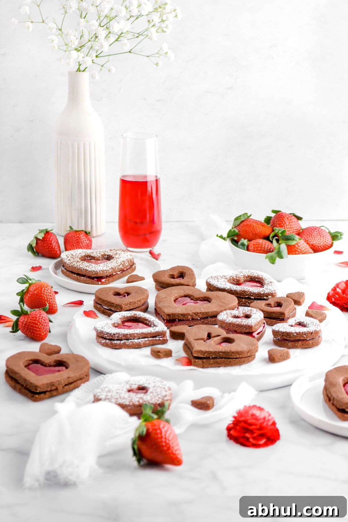 Chocolate-Strawberry Linzer Cookie Recipe for Perfect Sandwich Cookies 4 front shot of chocolate linzer cookies with strawberries, glass of wine, vase of flowers, and white cheese chloth