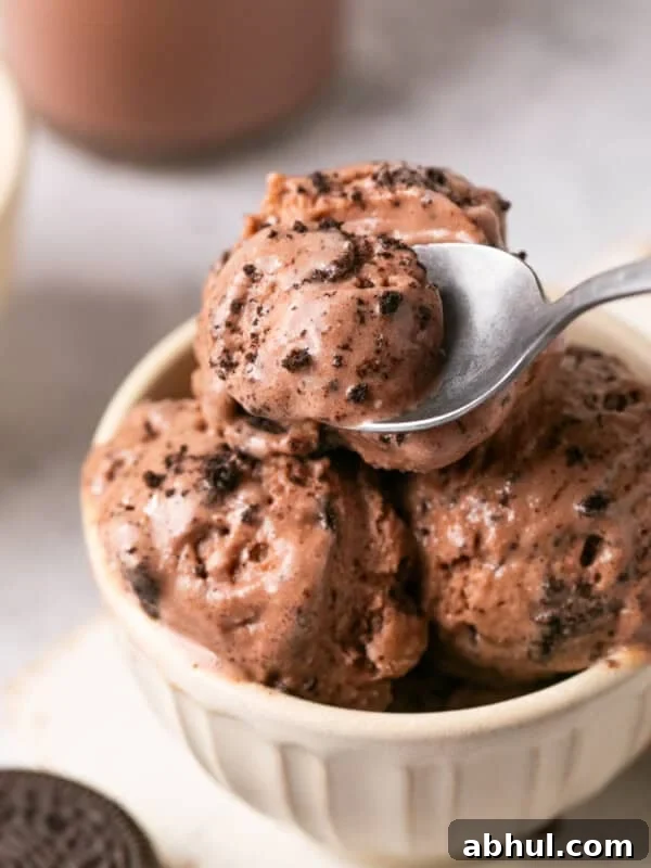 Ninja Cream chocolate protein ice cream in a white bowl with a spoon taking a scoop out