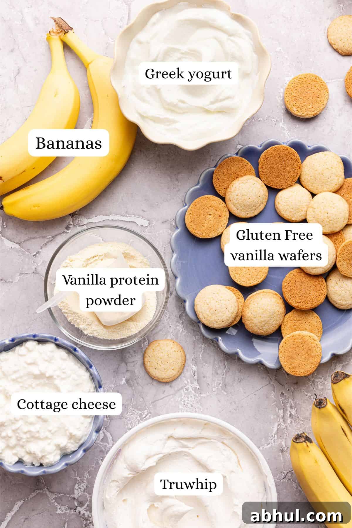ingredients for high protein banana pudding in nesting bowls