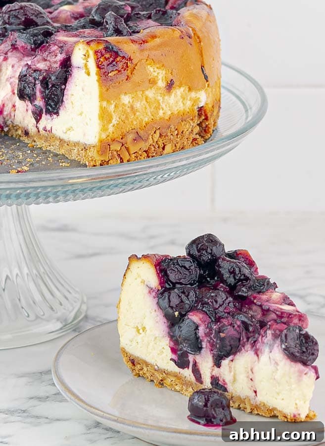 piece of Cherry Swirl Cheesecake with Graham Crust on a small white plate with cake in the background
