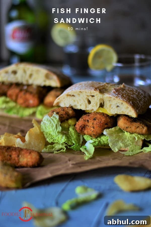 Fully prepared fish finger sandwich.