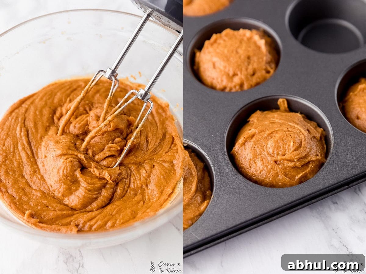 Side by side photos of batter of muffins and muffin batter in muffin hole.
