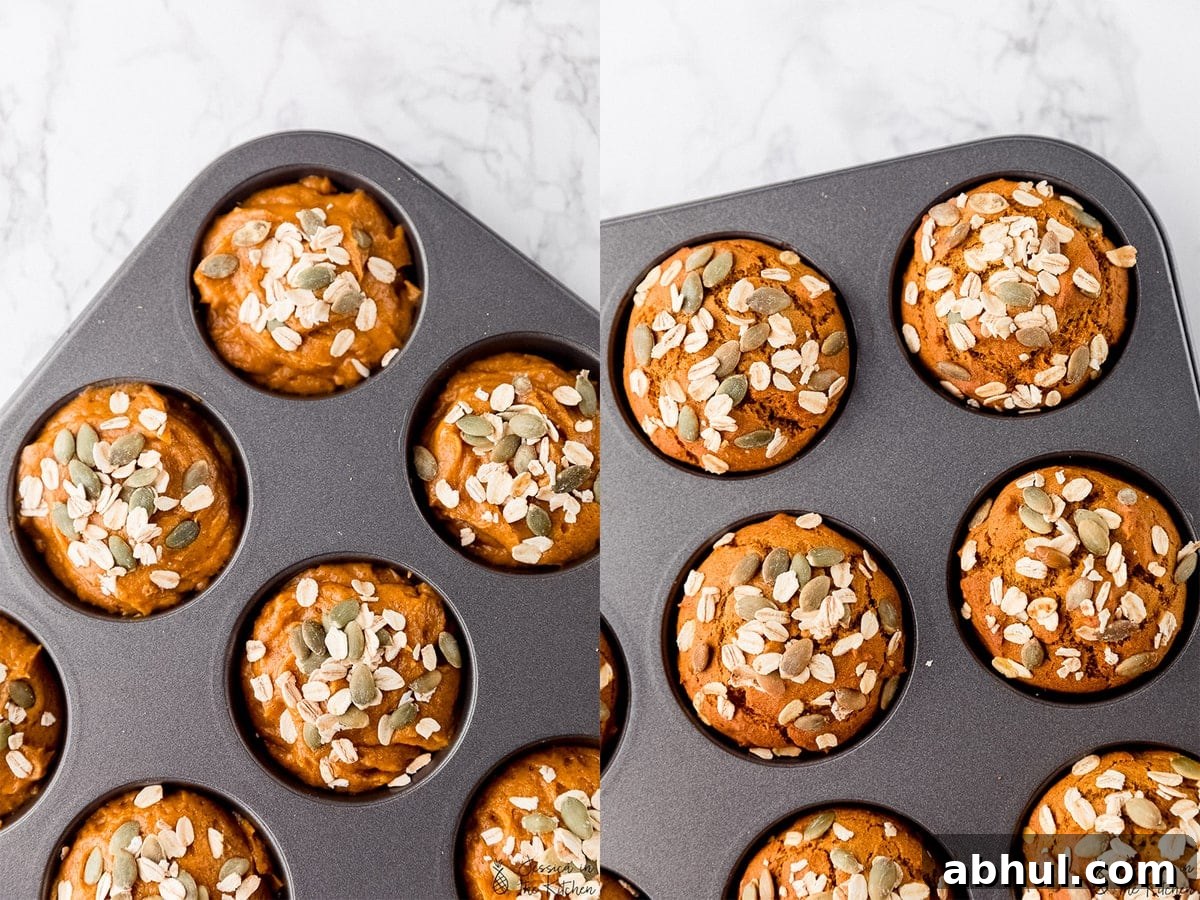 Side by side photos of muffin batter in muffin pan and photo of baked muffins.