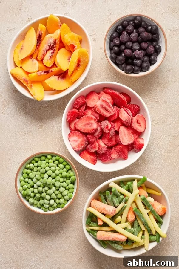 Frozen fruits and veggies in small bowls.