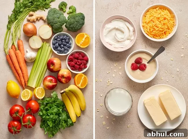 Fresh fruits, veggies and dairy free condiments in small bowls and plates.