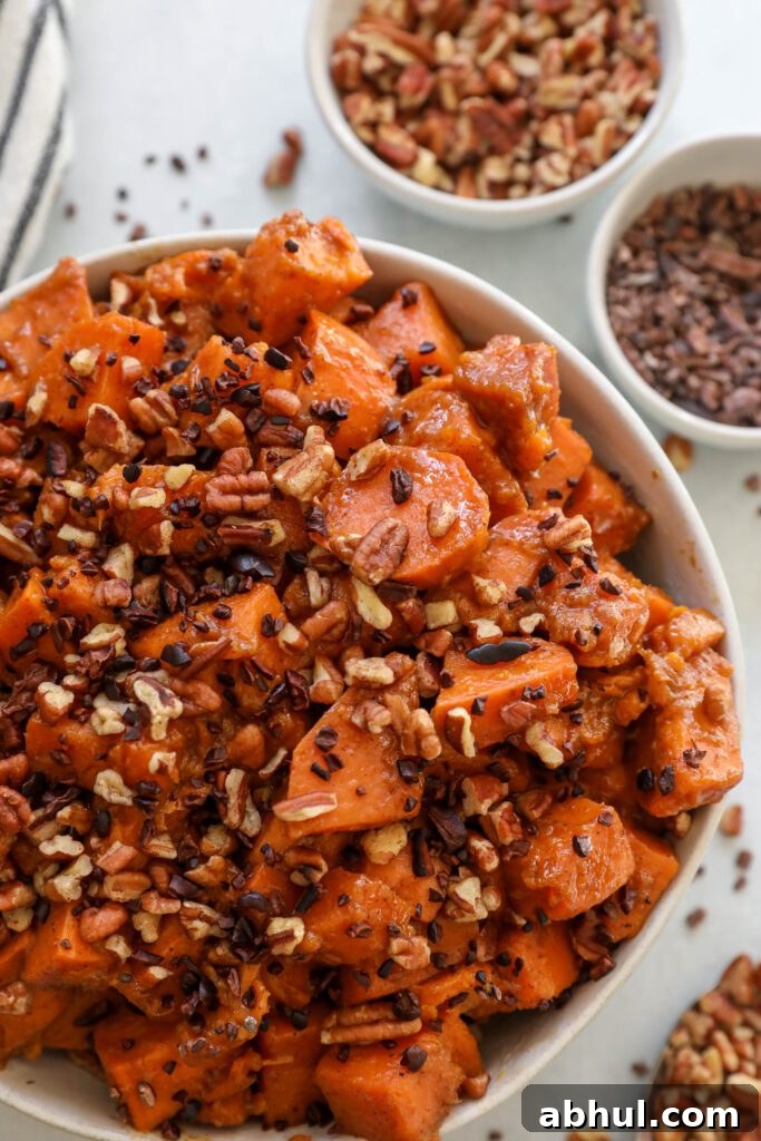 Candied Yams with Cacao Nibs & Pecans by Flora & Vino
