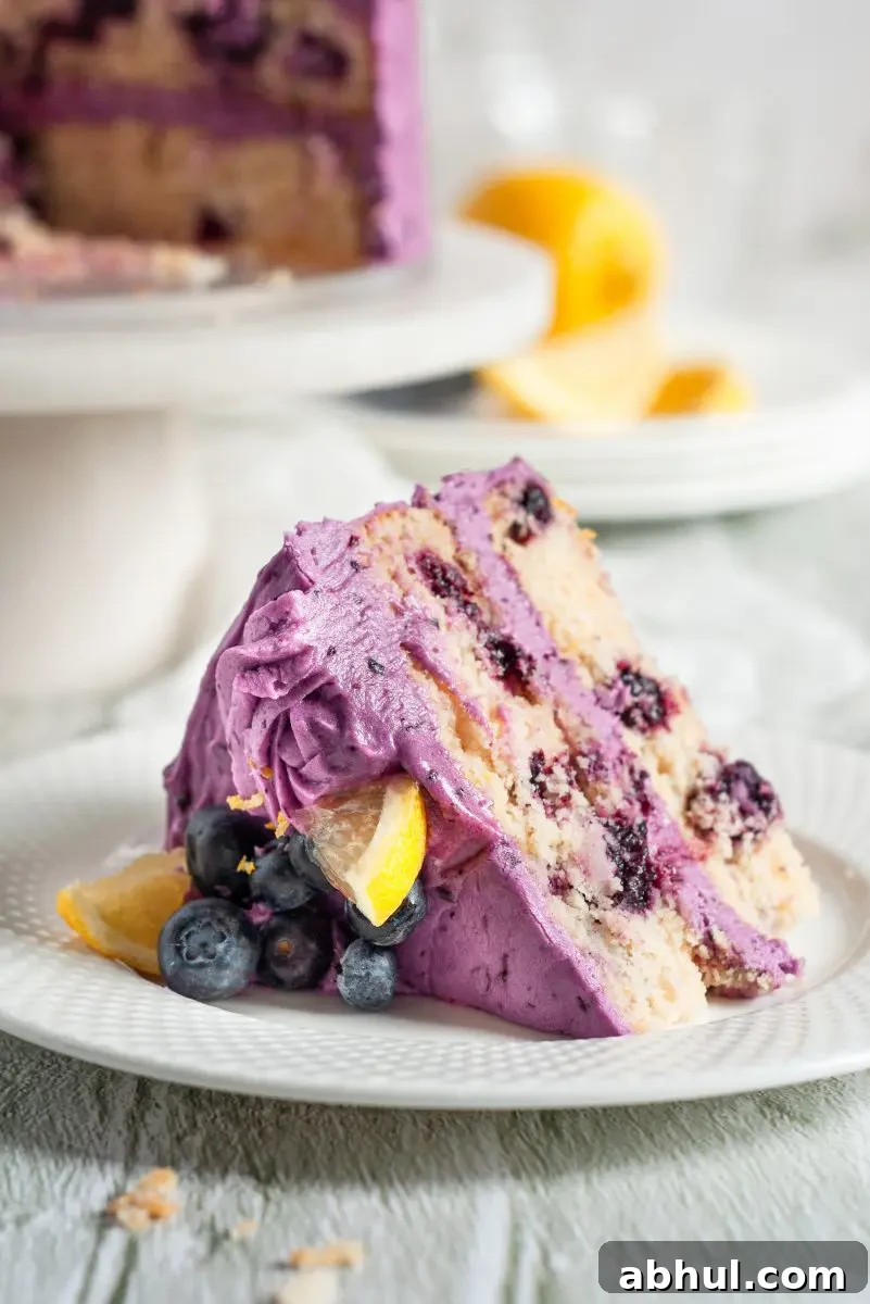 A slice of purple frosted lemon blueberry cake. It has two white cake layers full of blueberries and is topped with lemon sliced and fresh blueberries.