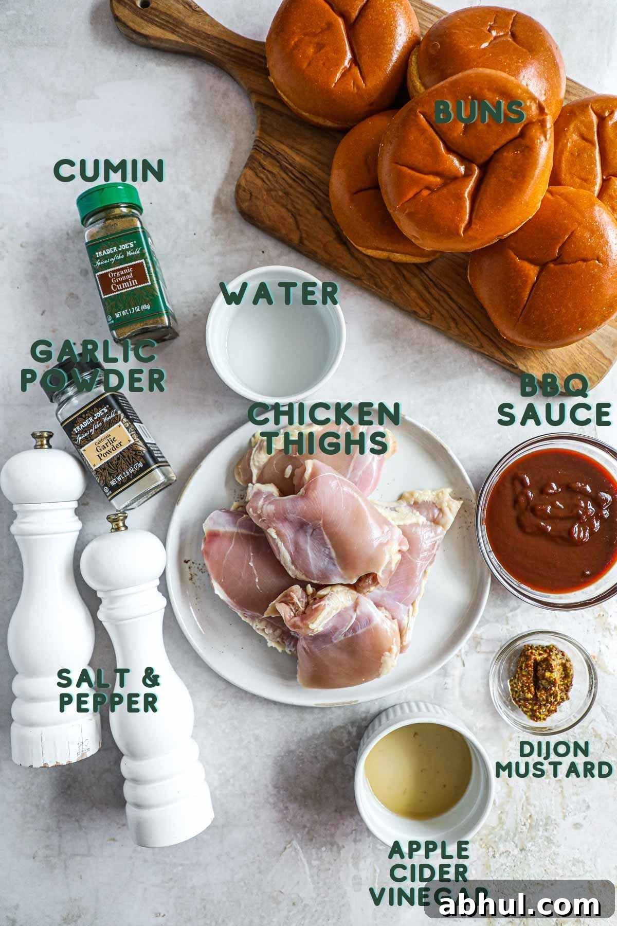 Ingredients to make Slow cooker BBQ pulled chicken burgers (sandwiches and sliders) with homemade cabbage coleslaw.