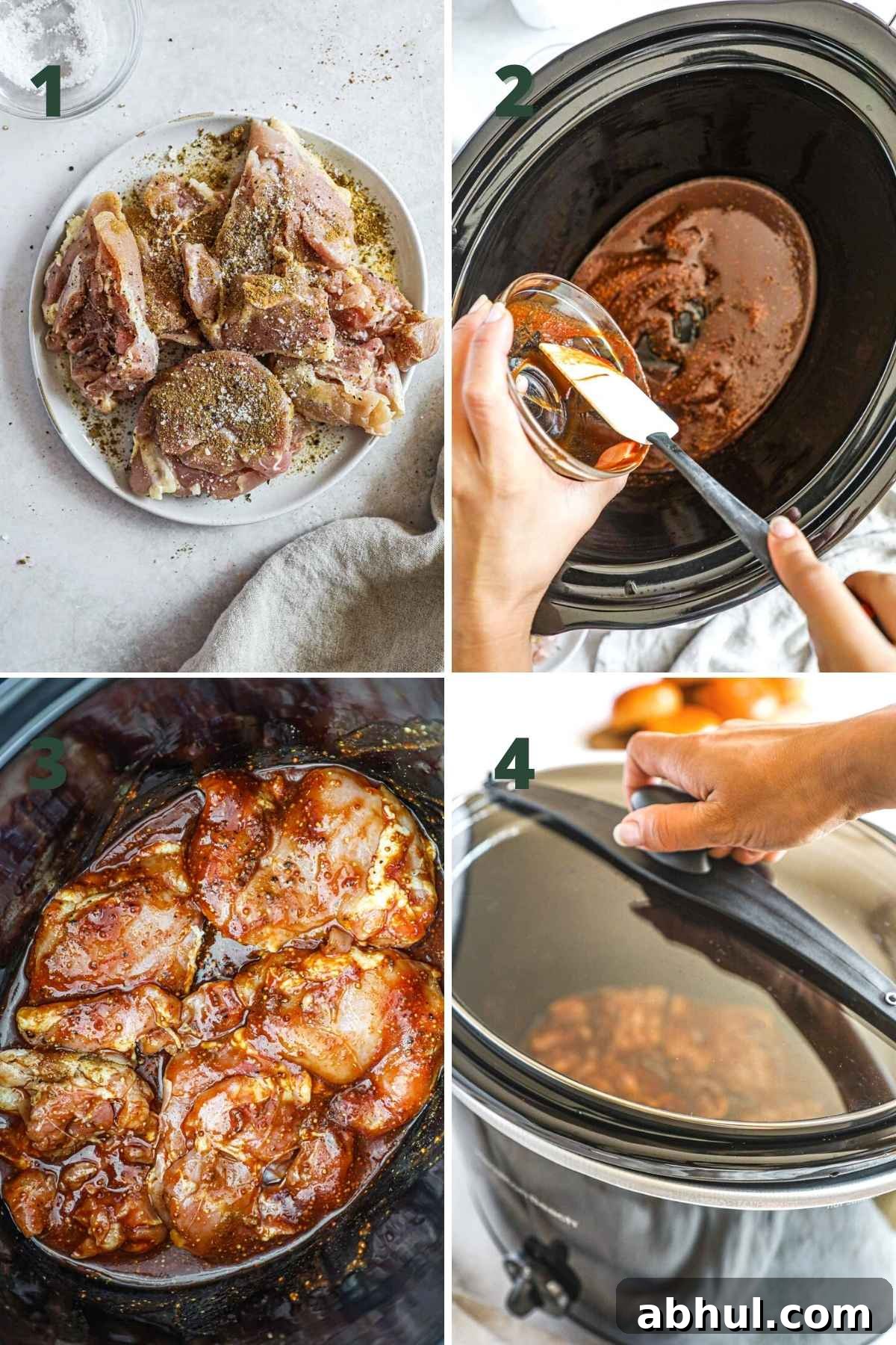 Steps to make pulled bbq chicken thighs in a slow cooker.