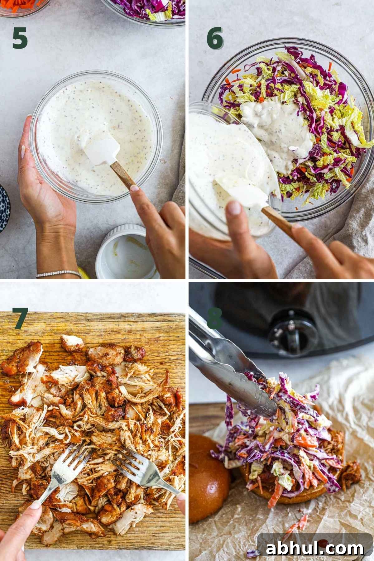 Steps to make homemade coleslaw, pulled bbq chicken thighs, and assemble the chicken sandwich, burger, or sliders.