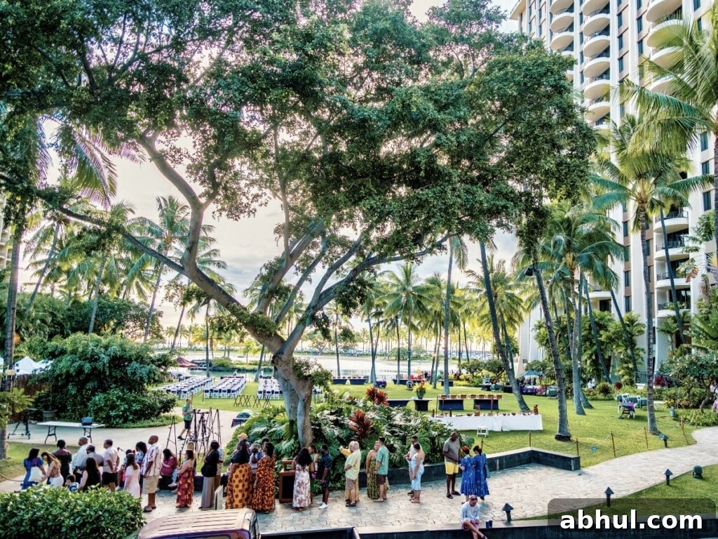 Outdoor view of the Starlight Luau Ocean Lawn at the Hilton Hawaiian Village.