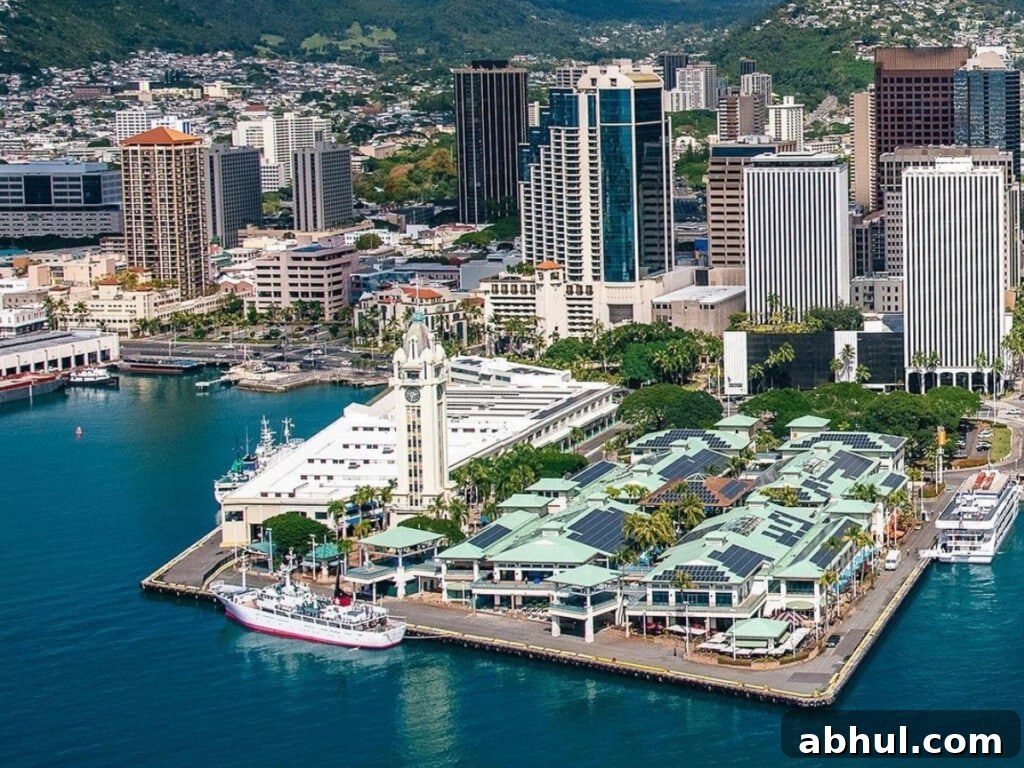 An aerial of the Aloha Tower Marketplace, the location of the Ka Moana Lūʻau.