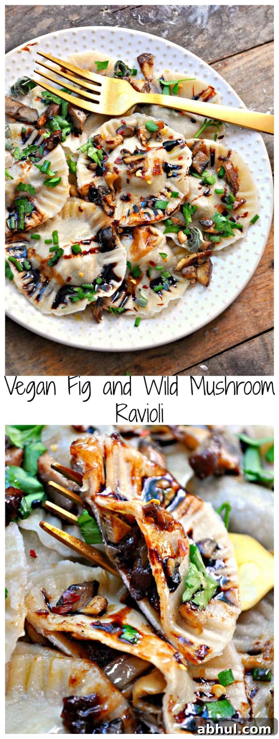Plated vegan fig and mushroom ravioli