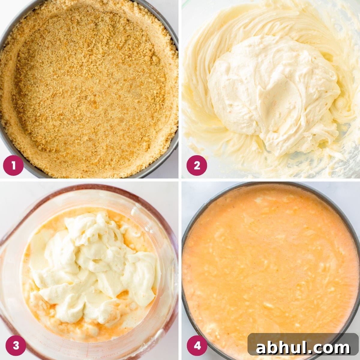 Collage of 4 images showing how to make orange creamsicle cheesecake