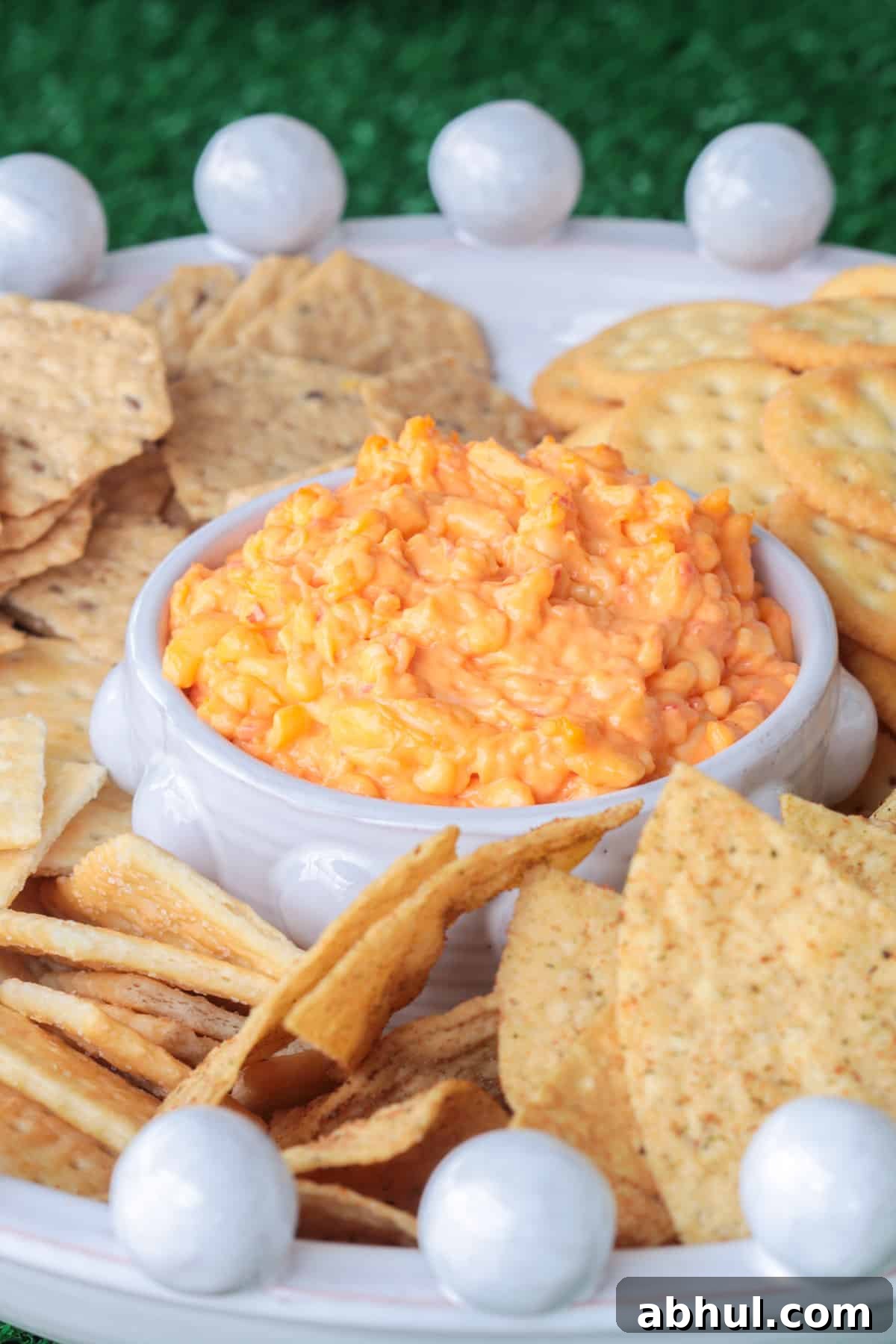 Pimento cheese dip with crackers.
