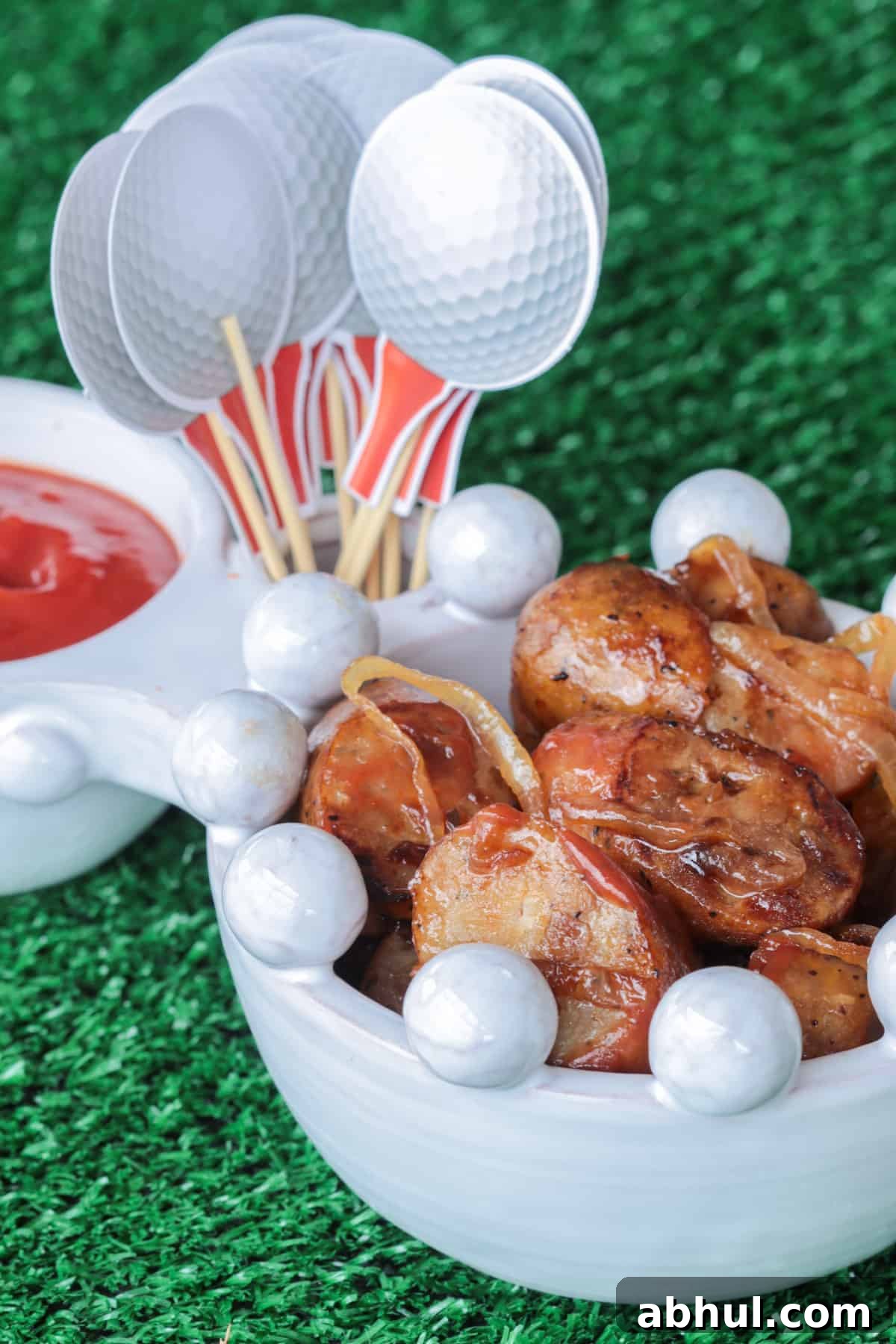 Chicken sausage with golf toothpicks.
