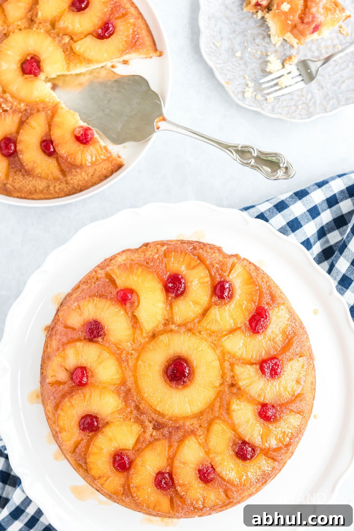 overhead view of two pineapple upside down cakes