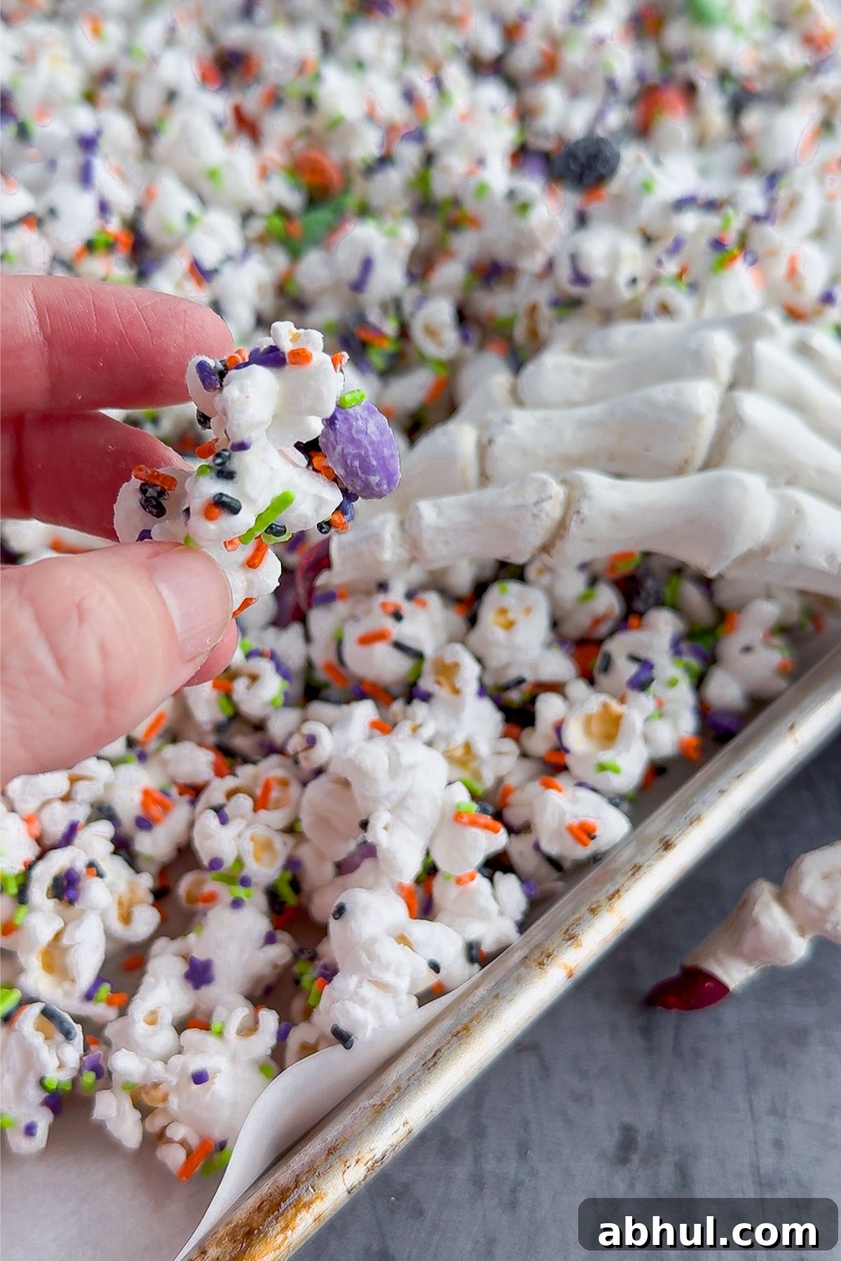 Halloween popcorn on a tray.