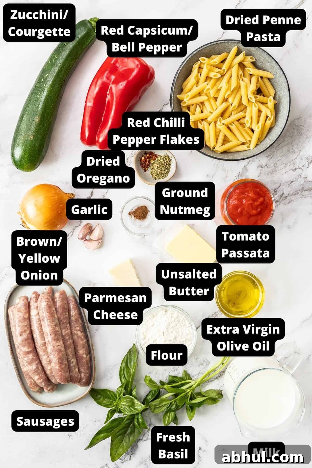 Ingredients in this recipe on a white marble background.