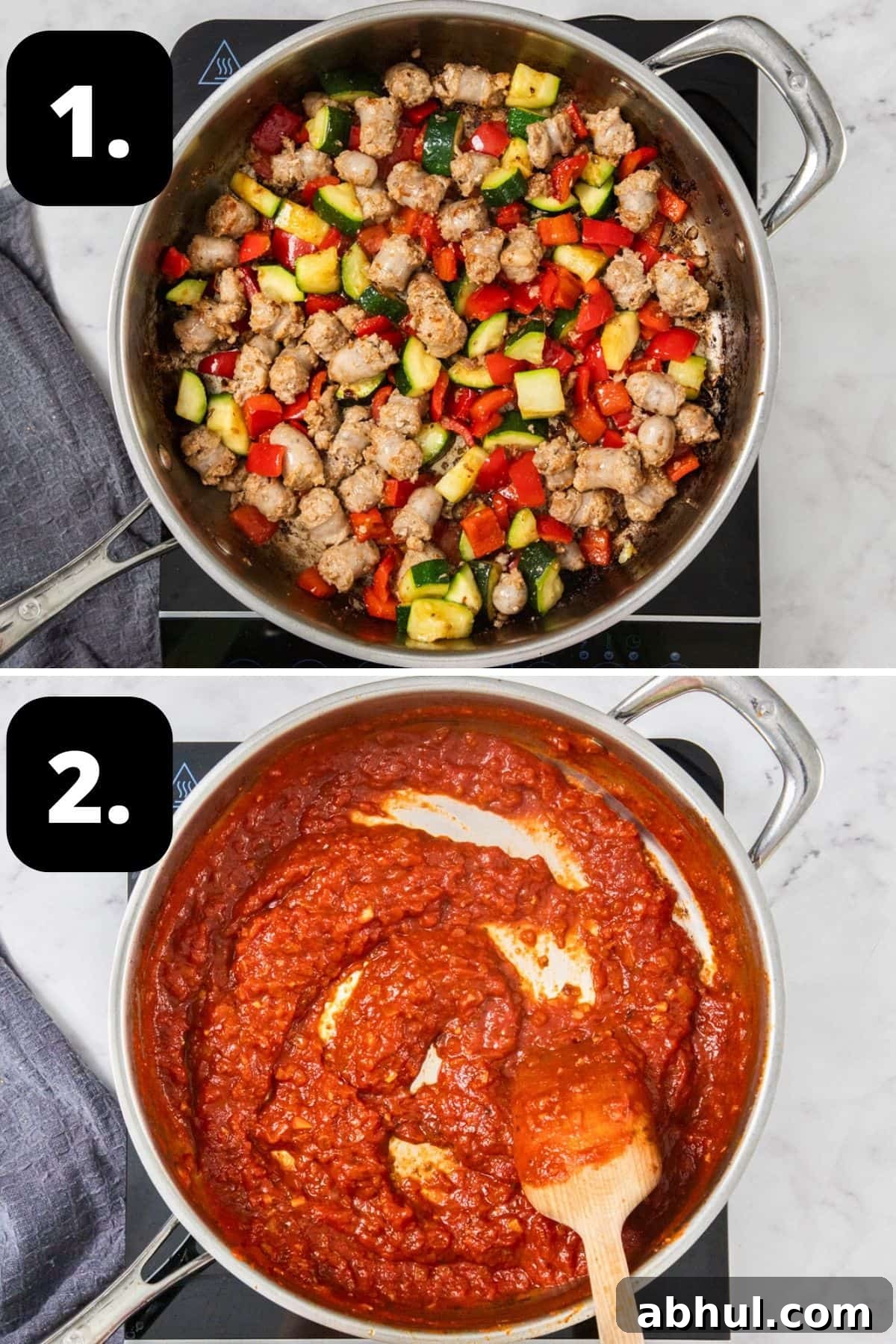 Steps 1-2 of preparing this recipe: cooking sausages and vegetables in a frying pan and preparing the tomato sauce in a pan.