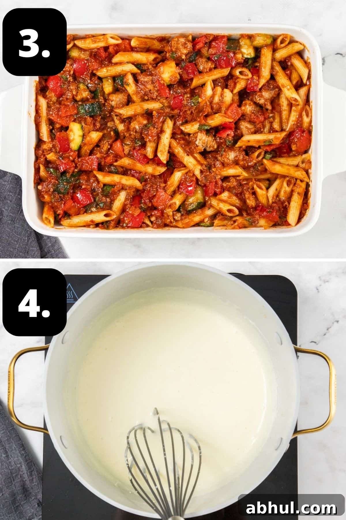 Steps 3-4 of preparing this recipe: the pasta mixture in a baking dish and making the bechamel sauce to top the pasta.