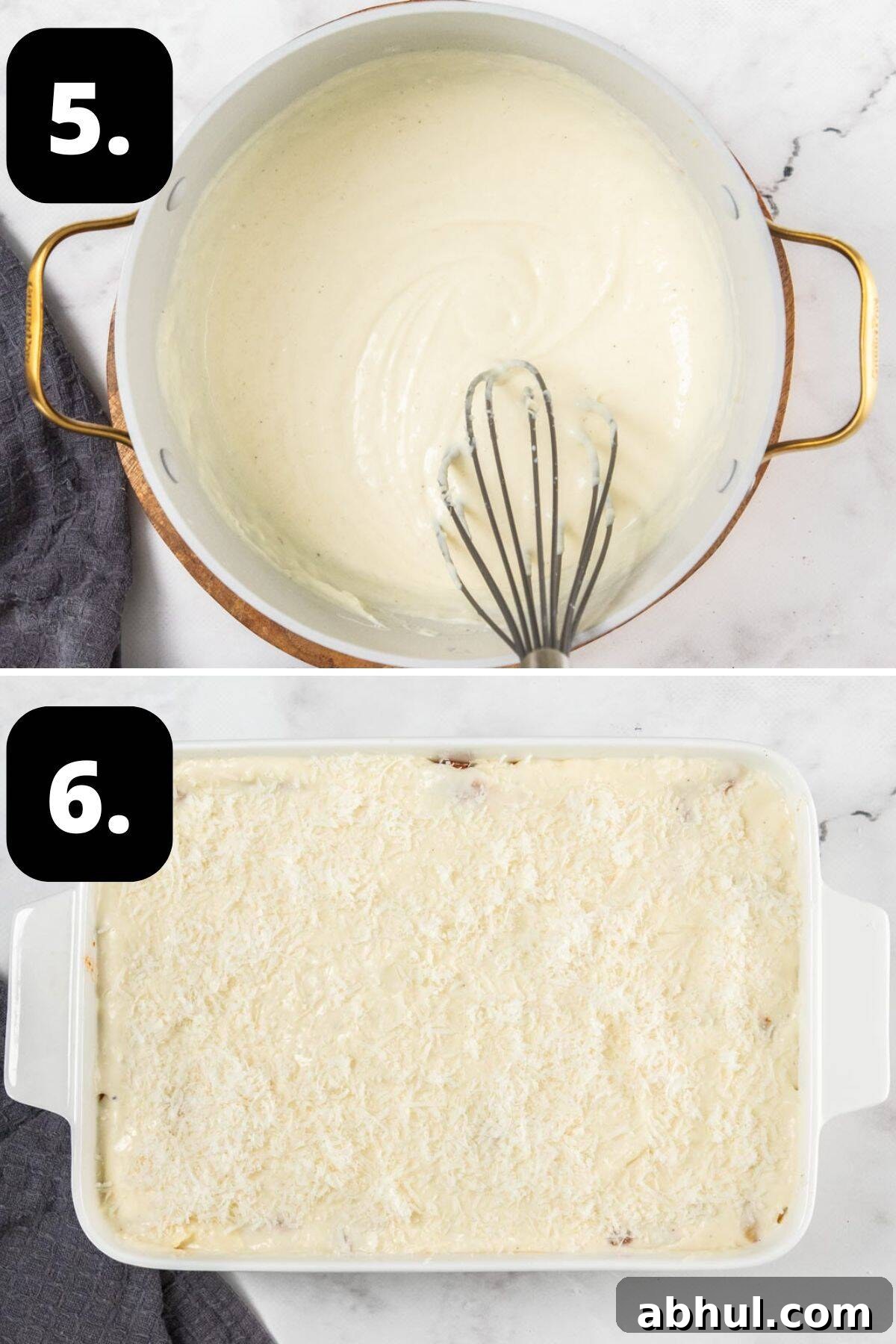 Steps 5-6 of preparing this recipe: cooked bechamel sauce in the pan and the pasta topped with the sauce, ready to bake.