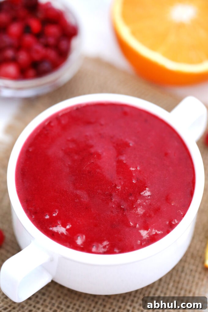 A serving bowl with smooth homemade Cranberry Sauce