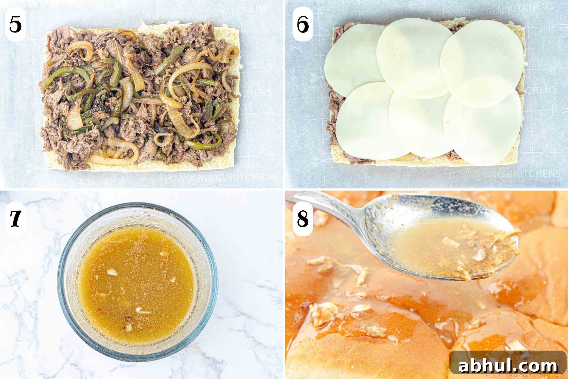 Composite image: 5- cooked beef, onions, and peppers on top of Hawaiian rolls cut open crosswise; 6- same after adding provolone cheese slices; 7- bowl with melted butter and onion soup mix; 8- spooning butter mixture on top of tops of rolls.