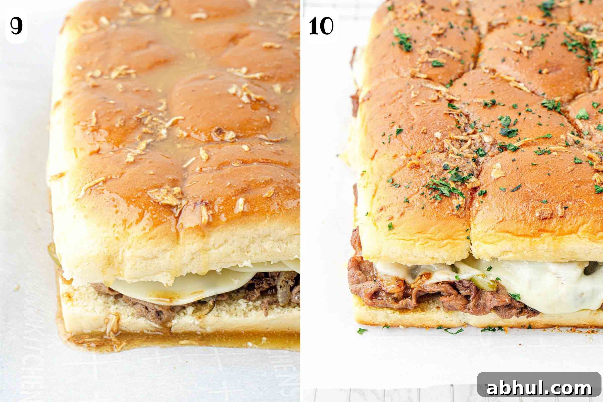 Composite image: 9- Philly cheesesteak sliders topped with butter and onion soup mixture before baking; 10- same after baking and garnishing with fresh parsley.
