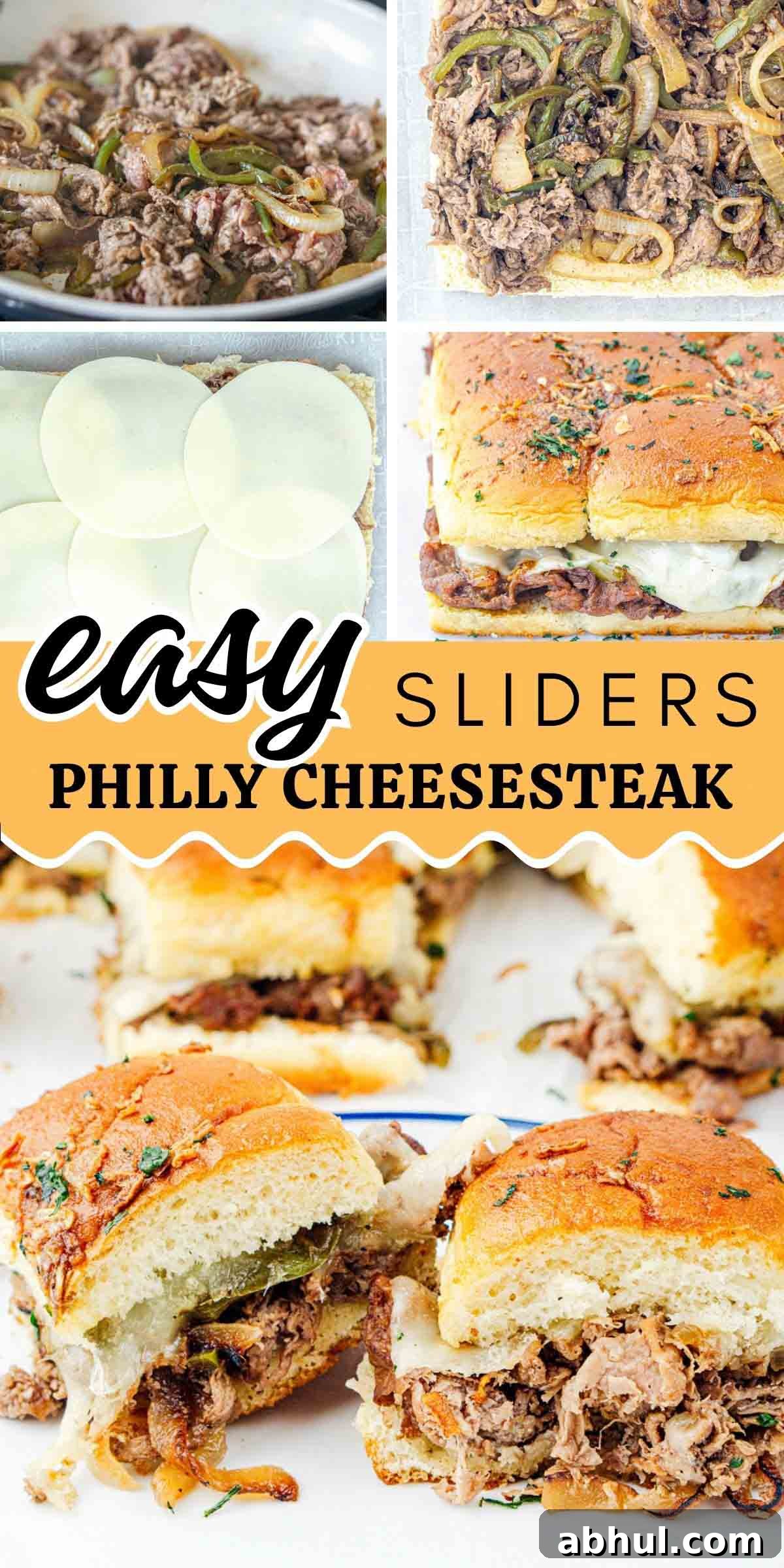 Composite image with prep photos for easy cheesesteak sliders.