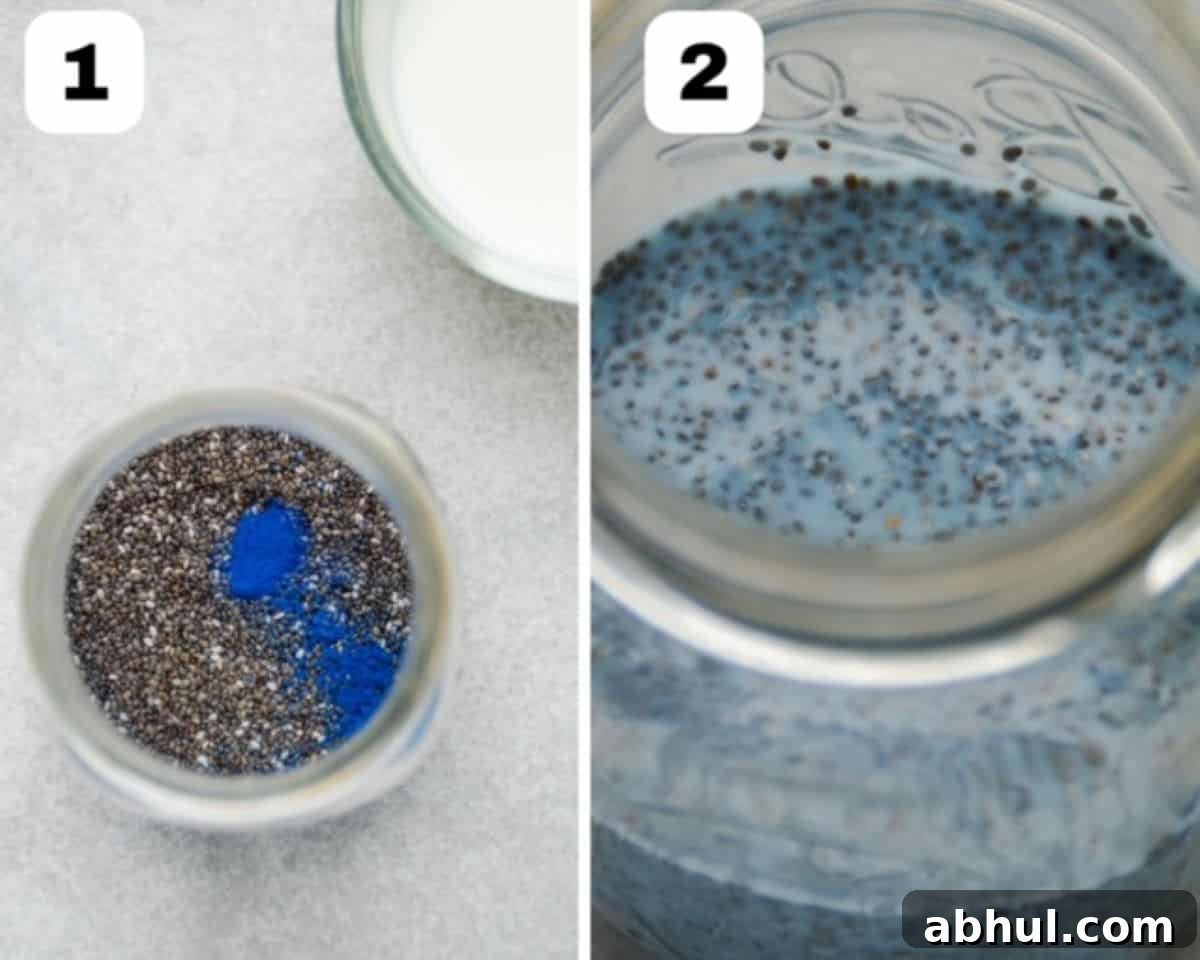 Two side-by-side images. The one on the left is a view from the top looking down into a mason jar with all of the dry ingredients for blue chia pudidng. The image to the right shows all ingredients mixed together before blueberries are added.