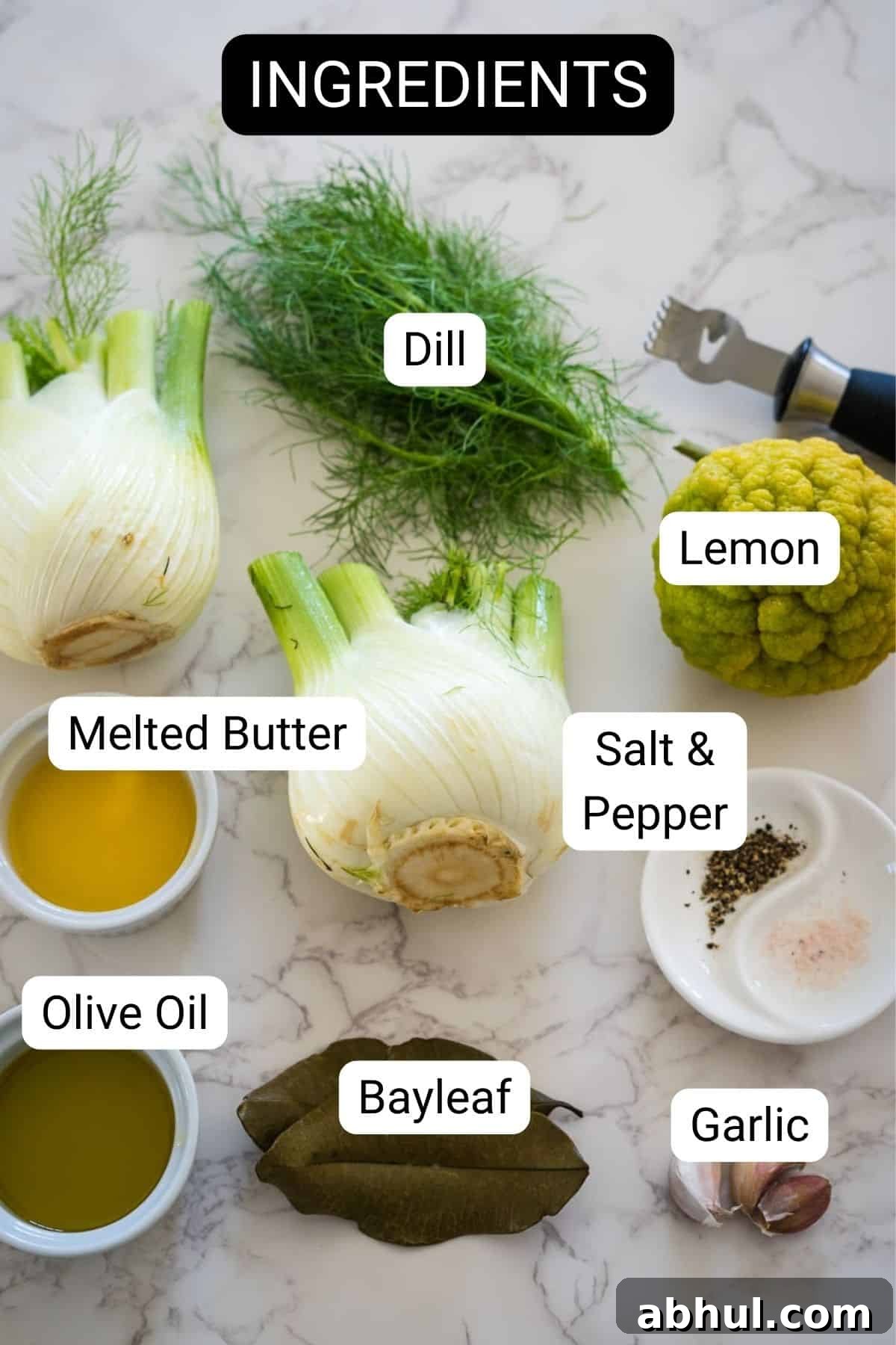 Various cooking ingredients labeled on a marble surface, including fennel confit, dill, lemon, melted butter, olive oil, bay leaves, salt and pepper, and garlic.