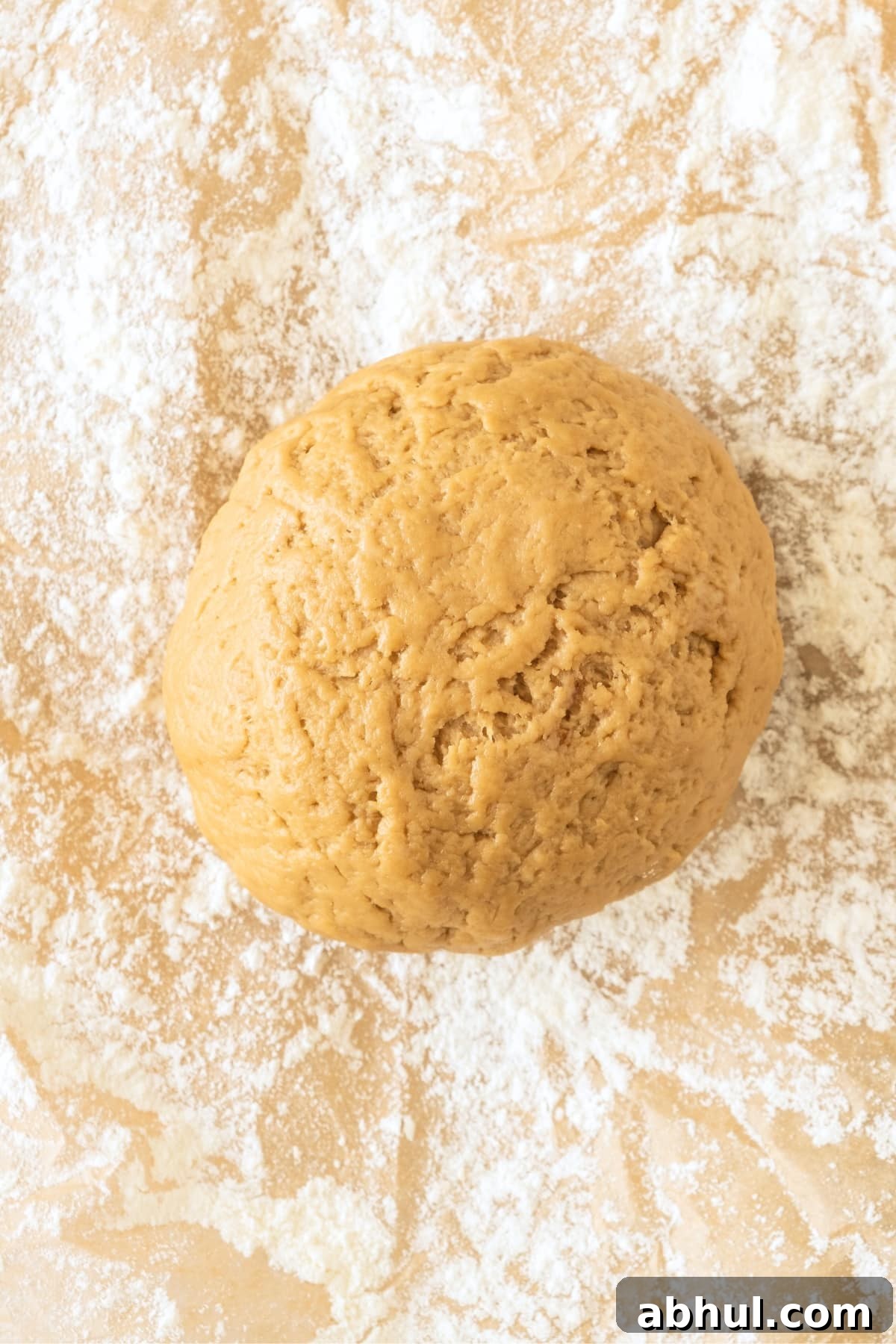 GF graham cracker dough ball on floured parchment paper.