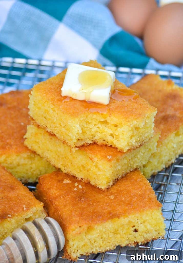 Make Moister Cornbread from a Box 6 slices of better cornbread from a box stacked on a wire cooling rack with a pat of butter and drizzle of honey on top