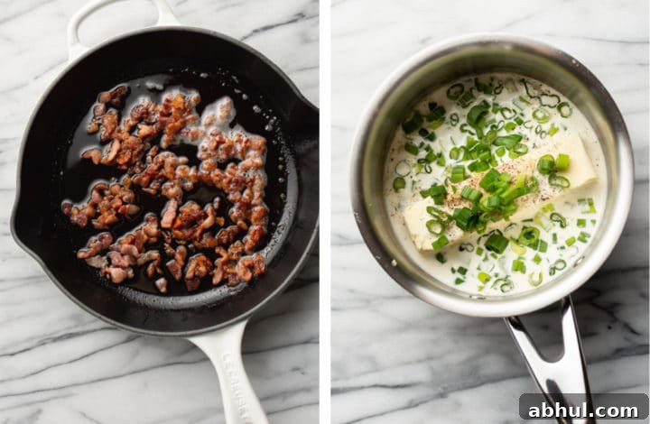 frying bacon and making cream sauce for loaded mashed potato casserole