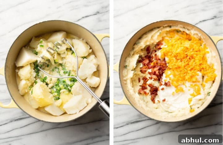mashing potatoes and adding cheddar and bacon for loaded mashed potato casserole