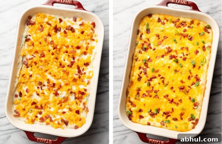 loaded mashed potato casserole before and after baking