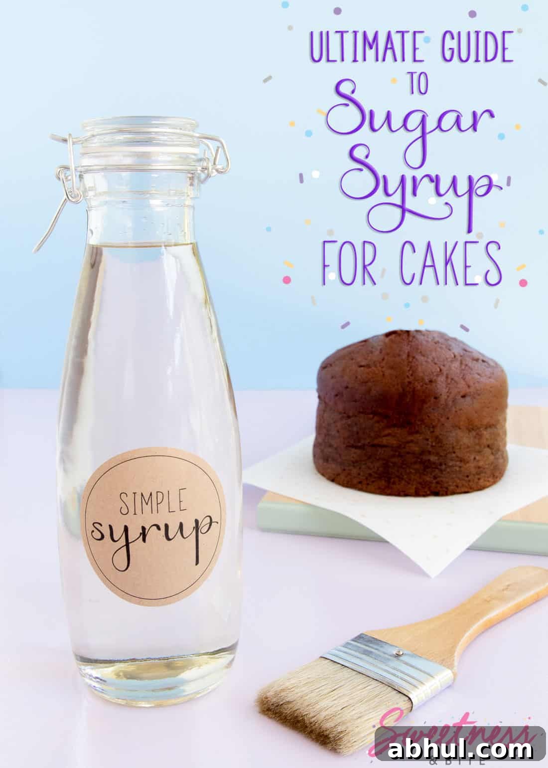 A bottle of simple syrup with a pastry brush and chocolate cake in the background, text overlay reads: 'Ultimate Guide to Sugar Syrup for Cakes'.